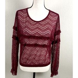 Janet Chung Shirt Women Medium Red Sheer Lace Ruffle Bohemian Casual Trend Color